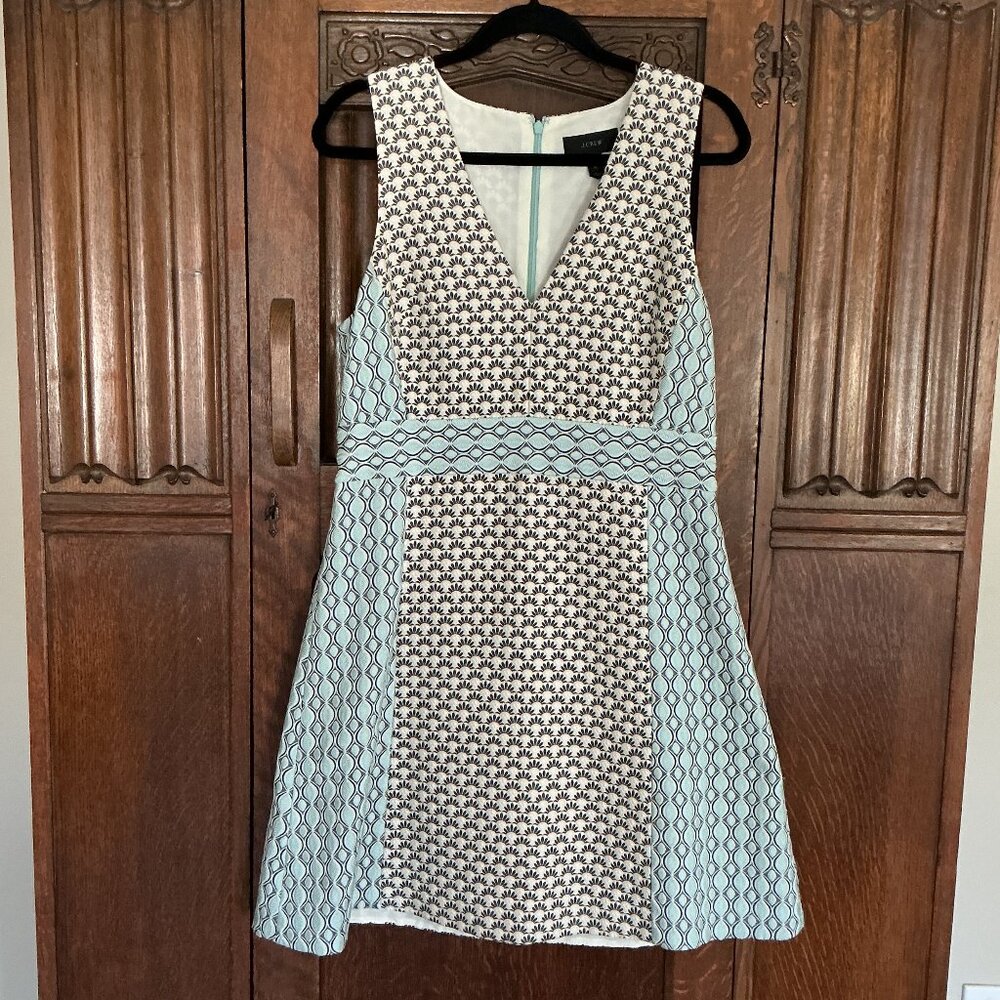 J Crew dress, Size 10, Jacquard - cream, blue and black